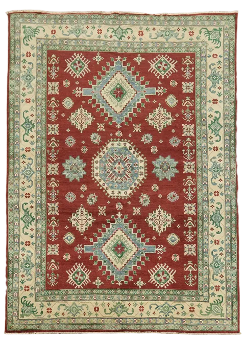 Geometric Pattern Kazak Pakistani Rug with Bold Red and Blue Accents 8'x12'
