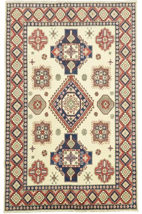 Traditional Geometric Patterned Beige And Red Kazak Area Rug 8'x12'