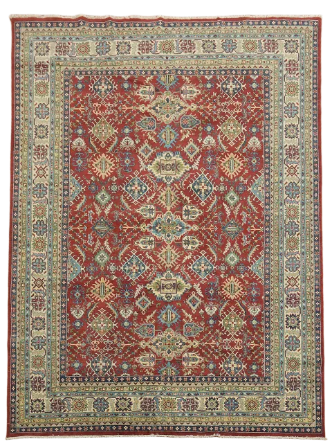 Traditional Geometric Red and Blue Kazak Pakistani Wool Rug 10x13 ft