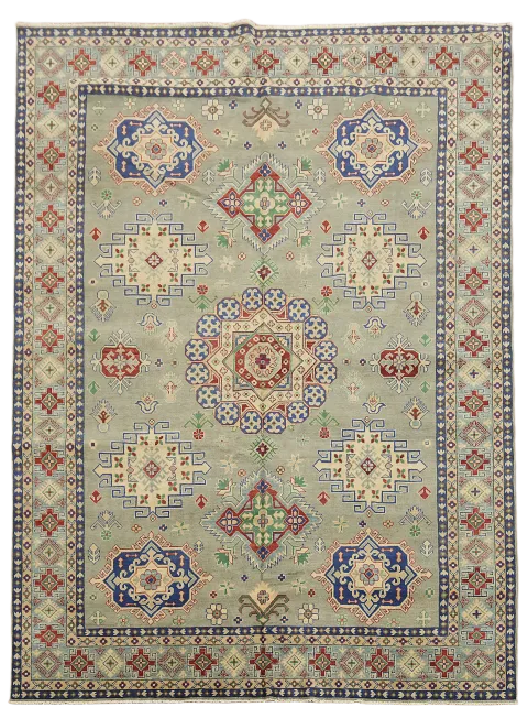 Elegant Traditional Grey Kazak Wool Rug with Intricate Patterns 9x12