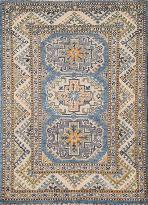 Blue Geometric Kazak Oriental Rug 3x4
