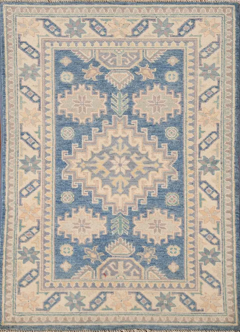 Blue Geometric Kazak Oriental Rug 3x4