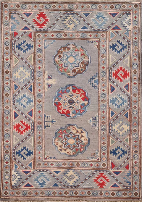 Gray Geometric Kazak Oriental Rug 3x4
