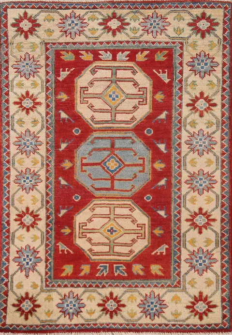 Geometric Red Kazak Oriental Handmade Rug 3x4