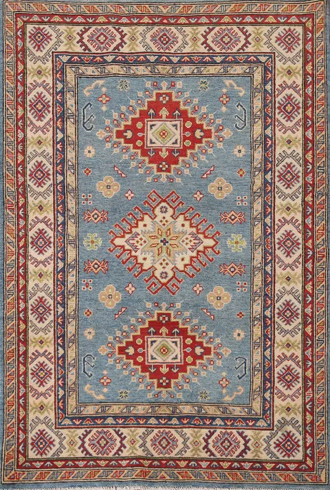 Light Blue Geometric Kazak Oriental Rug 4x6