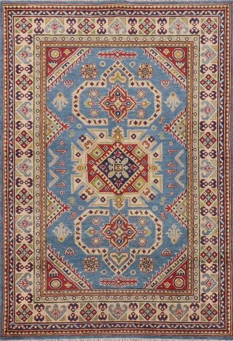 Blue Geometric Kazak Oriental Rug 4x6
