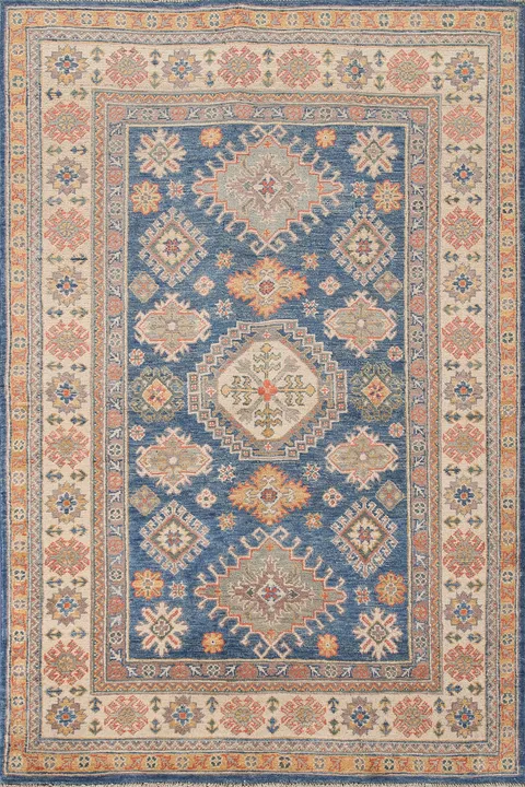 Blue Geometric Kazak Oriental Accent Rug 4x6