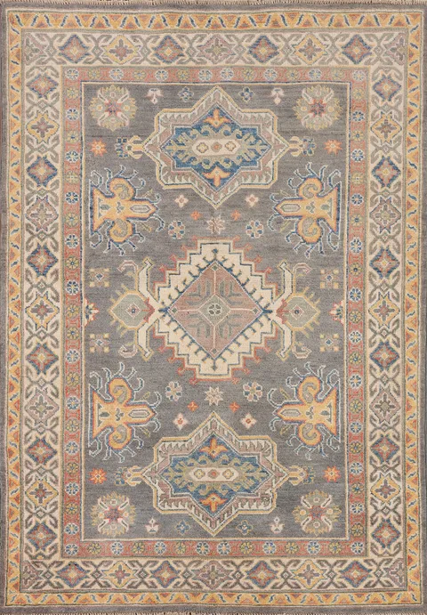 Gray Geometric Kazak Oriental Rug 4x6