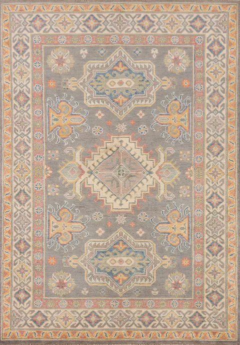 Gray Wool Geometric Kazak Oriental Rug 4x6