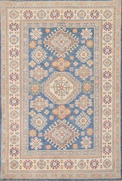 Blue Geometric Kazak Oriental Rug 4x6