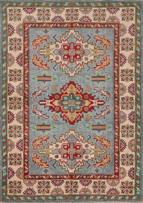 Light Blue Geometric Kazak Oriental Rug 4x6