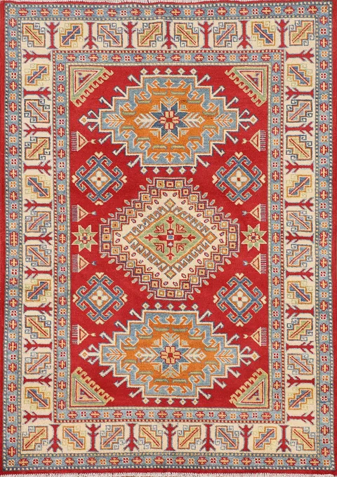 Red Geometric Kazak Oriental Rug 4x6
