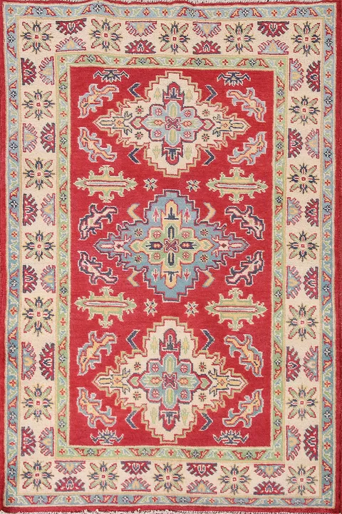 Geometric Red Wool Kazak Oriental Rug 3x5