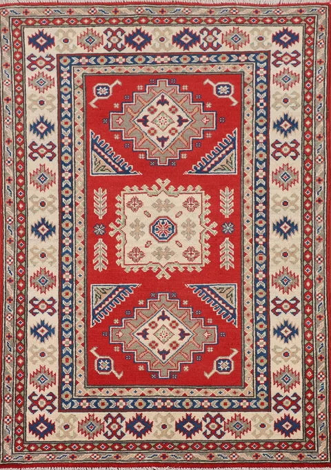 Geometric Red Wool Kazak Oriental Rug 3x5