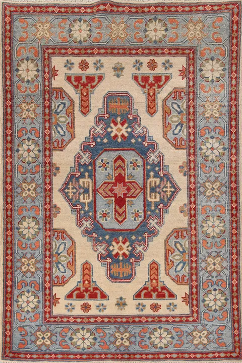 Ivory Wool Geometric Kazak Oriental Rug 3x5