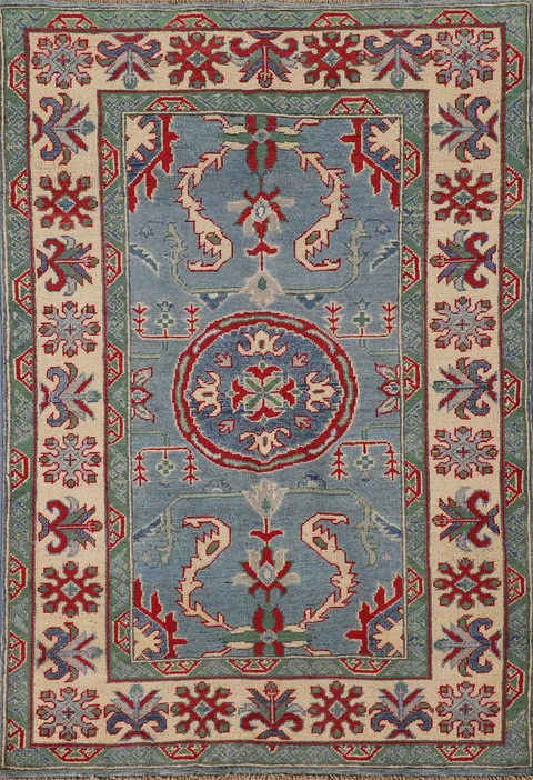 Light Blue Geometric Kazak Oriental Rug 3x5