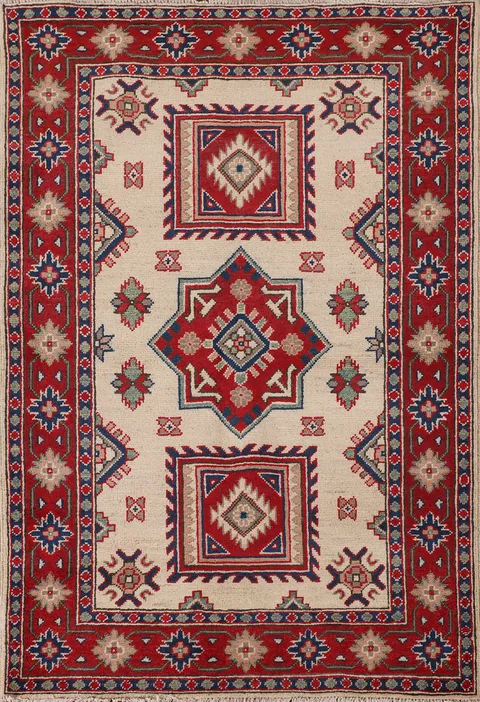 Ivory Geometric Kazak Oriental Rug 4x5