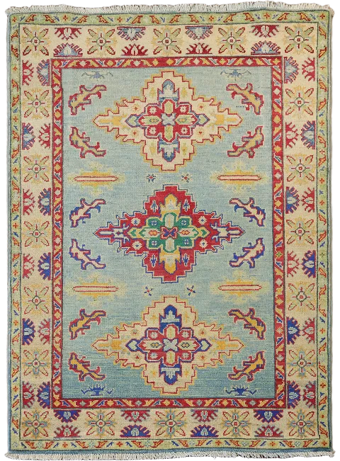 Light Blue Geometric Kazak Oriental Rug 4x5