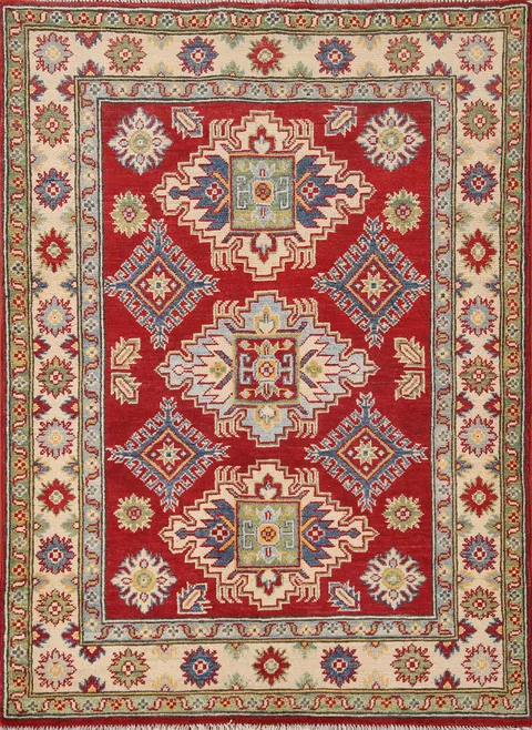 Red Geometric Kazak Oriental Rug 4x5