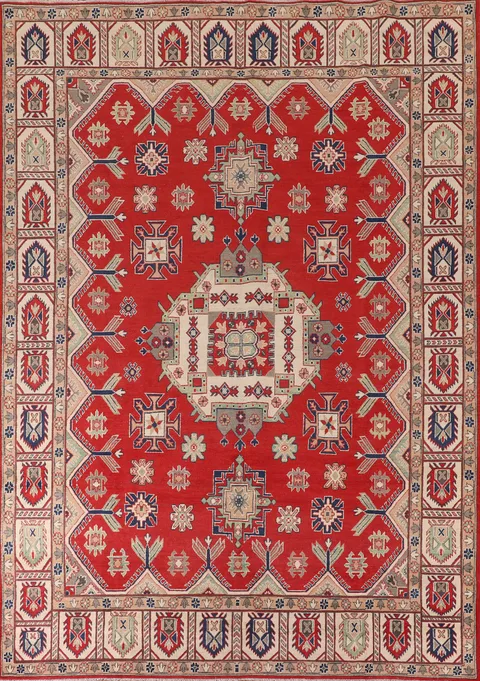 Geometric Red Wool Kazak Living Room Area Rug 8x11