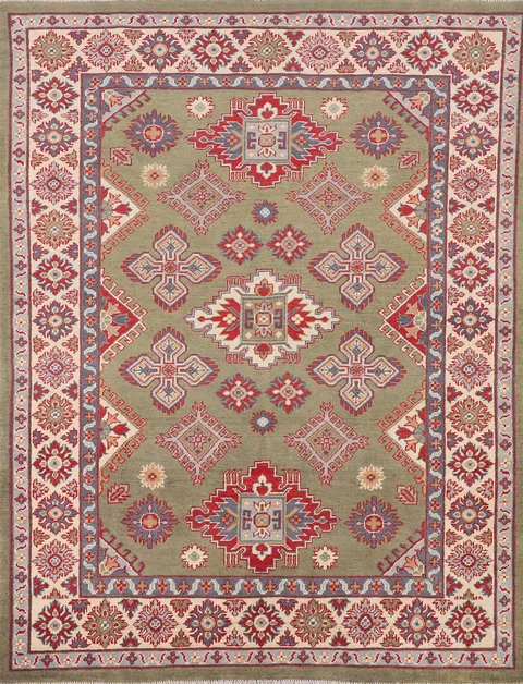 Handmade Green Wool Kazak Oriental Rug 5x6