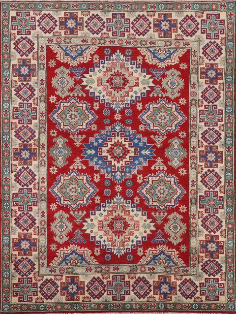 Geometric Red Kazak Oriental Wool Rug 5x7