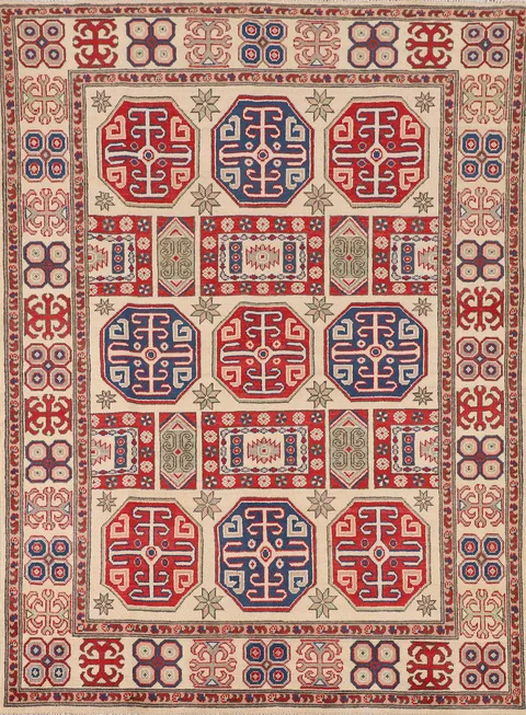 Geometric Wool Kazak Oriental Accent Rug 5x7