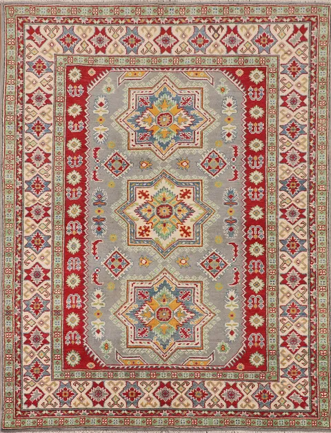 Gray Geometric Kazak Oriental Wool Rug 5x7