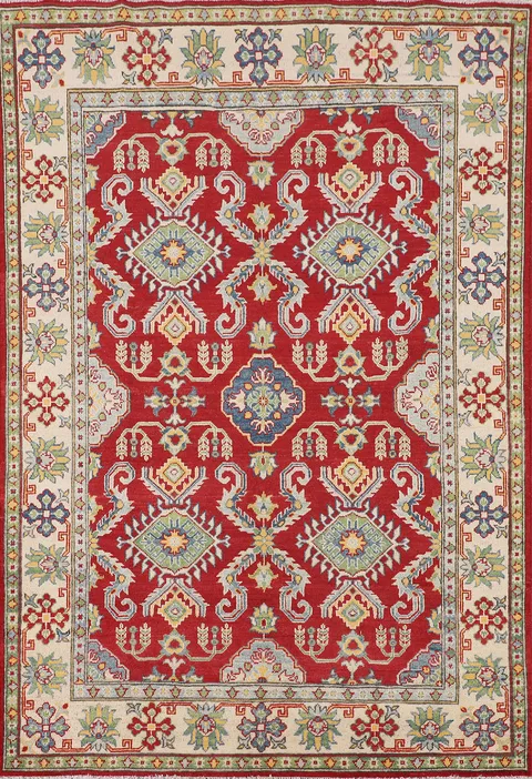 Red Wool Geometric Kazak Oriental Rug 5x7