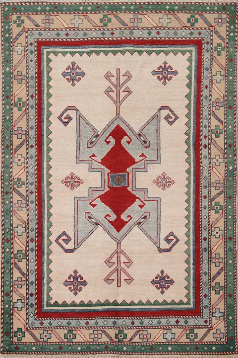 Ivory Wool Geometric Kazak Oriental Rug 4x6
