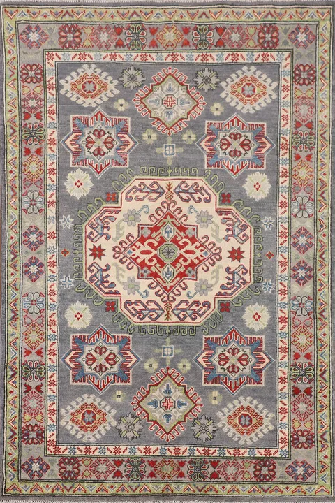 Gray Geometric Wool Kazak Oriental Rug 4x6