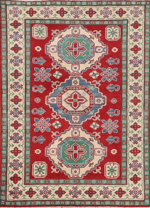 Red Wool Geometric Kazak Oriental Rug 4x6