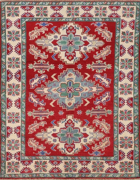 Geometric Red Wool Kazak Oriental Rug 4x6