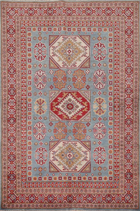 Light Blue Geometric Kazak Oriental Rug 4x6