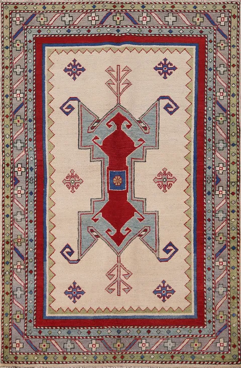 Ivory Geometric Kazak Oriental Rug 4x6