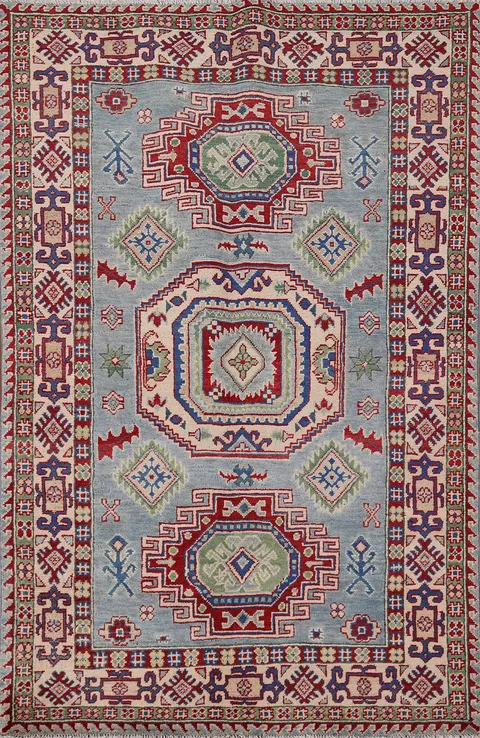 Light Blue Geometric Kazak Oriental Rug 4x6