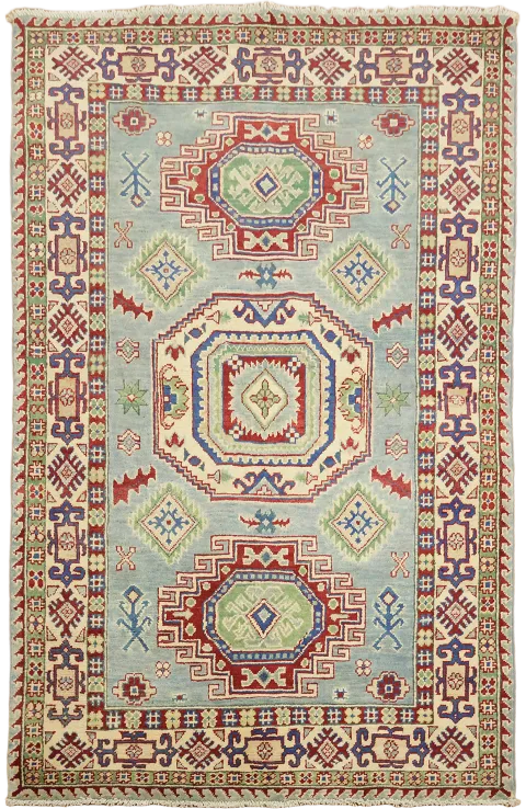 Light Blue Geometric Kazak Oriental Rug 4x6