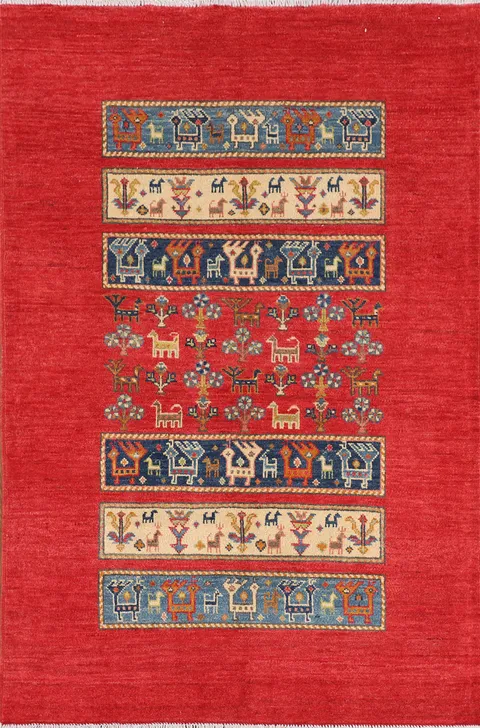 Tribal Geometric Red Kazak Oriental Rug 4x6