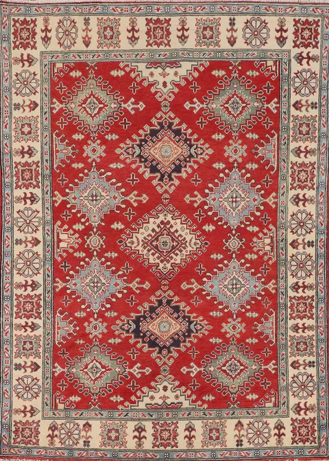 Geometric Red Wool Kazak Oriental Rug 5x7