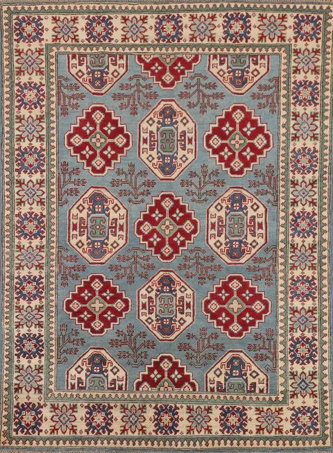 Light Blue Geometric Kazak Oriental Rug 5x7