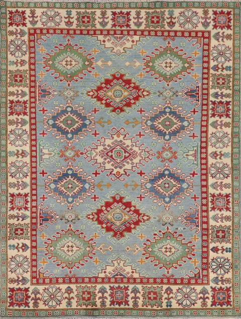 Light Blue Geometric Kazak Oriental Rug 5x7