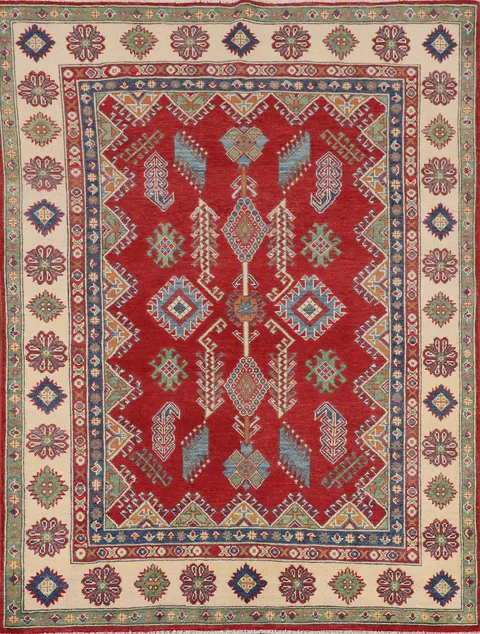 Red Handmade Wool Kazak Oriental Rug 5x6