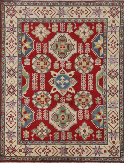 Red Geometric Kazak Oriental Rug 5x6