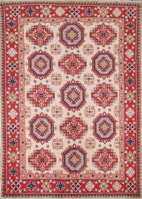 Ivory Wool Handmade Kazak Oriental Rug 5x7
