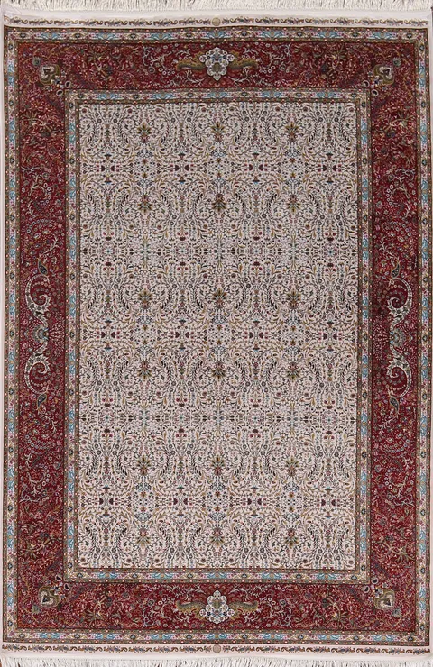 Floral Ivory Qum Turkish Area Rug 5x8