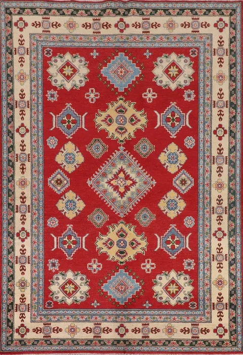 Red Geometric Kazak Oriental Area Rug 6x8