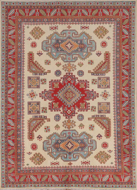 Ivory Wool Kazak Oriental Area Rug 6x8