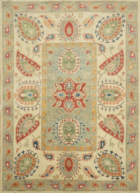 Paisley Pattern Green and Red Kazak Pakistani Rug with Traditional Motifs and Colors 6x8