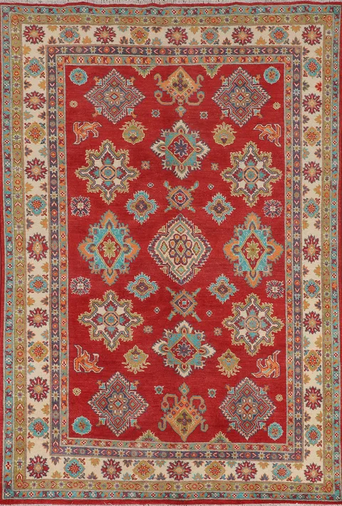 Red Geometric Kazak Oriental Area Rug 6x8