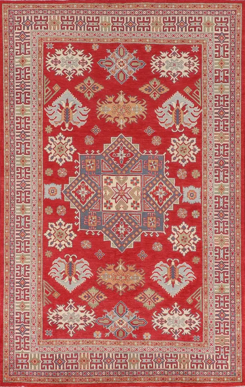 Red Geometric Kazak Oriental Area Rug 6x10